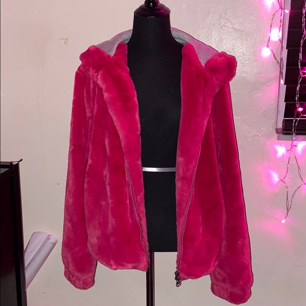 Hot Pink Faux Fur Coat with Hoodie